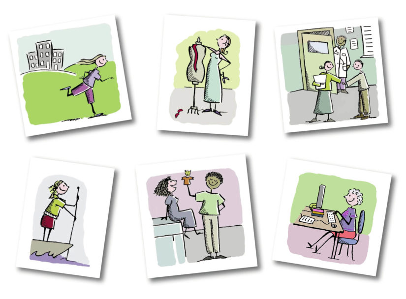 une centaine de vignettes illustrant les différents services d’une association : farde, brochure, site WEB (plume et palette graphique)
