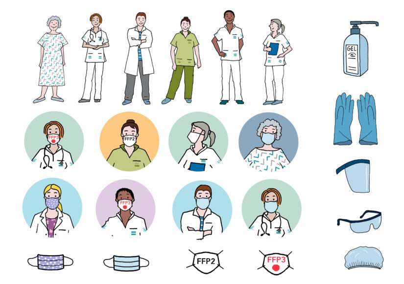 campagne : coronavirus,  illustrations pour affichettes informatives dans les hôpitaux (marqueur et palette graphique)