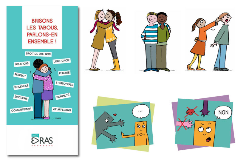 situations illustrées pour une brochure et un outil pédagogique sur l‘EVRAS et le consentement (plume et palette graphique)