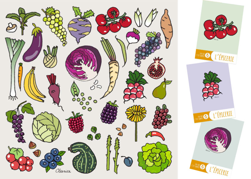 fruits et légumes : brochure, cartes, étiquettes (encre et palette graphique)